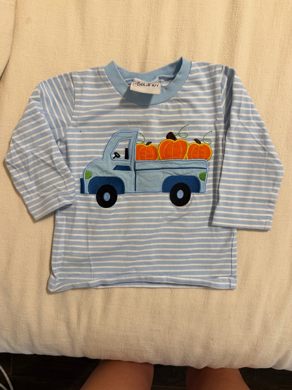 Baby Boy’s Blue Stripe long sleeve Tee with smocked Pumpkin Truck Applique -